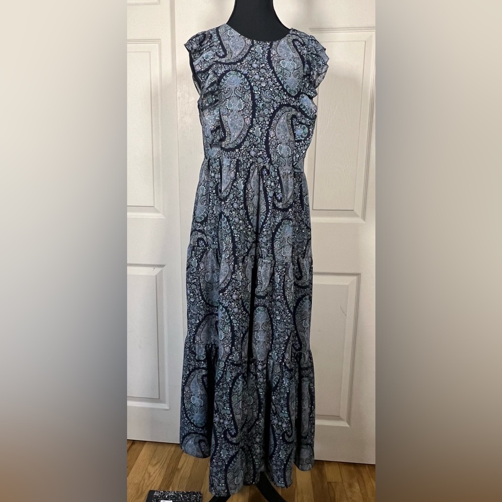 J.Crew Paisley Midi Dress Blue Ruffle Sleeve Fit Flare Spring 6